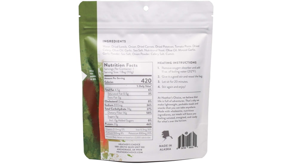 Heather's Choice Vegetable Lentil Soup Dehydrated Dinner, 113g, Gluten Free, Vegetable Lentil Soup