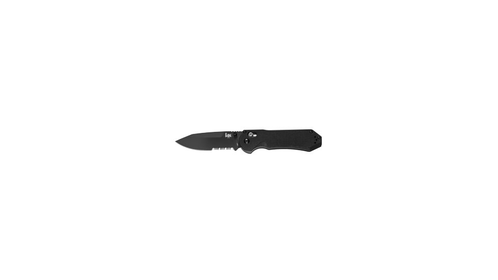 Heckler &amp; Koch Axis Drop Point Blade Auto Folding Knife,CombEdge/ BK Coated Blade/ Textured Black G10 Handle Scales 14715SBK
