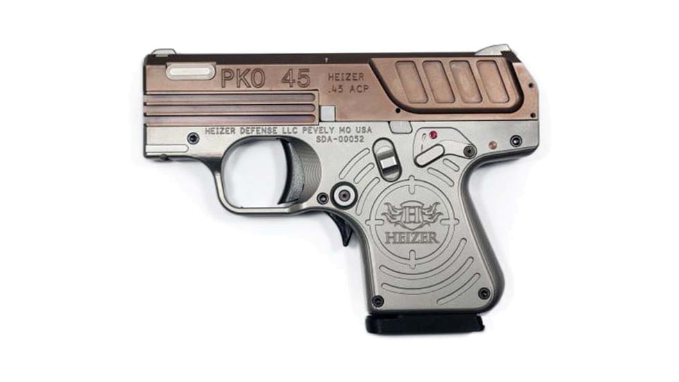 Heizer Defense PKO-45 Pistol, .45 ACP, 2.75 in barrel, stainless steel frame, integrated grip, blowback operated semi-auto, fiber-optic front, 2-dot rear, 5 round magazine, PKO-45-1-FRRMPG