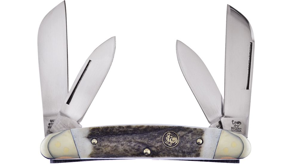 Hen &amp; Rooster 4 Blade Deer Stag Folding Knife,Stainless Steel,Standard Edge,Pen and Sheepsfoot,Mirror Polish,Deer Stag Handle HR264DS