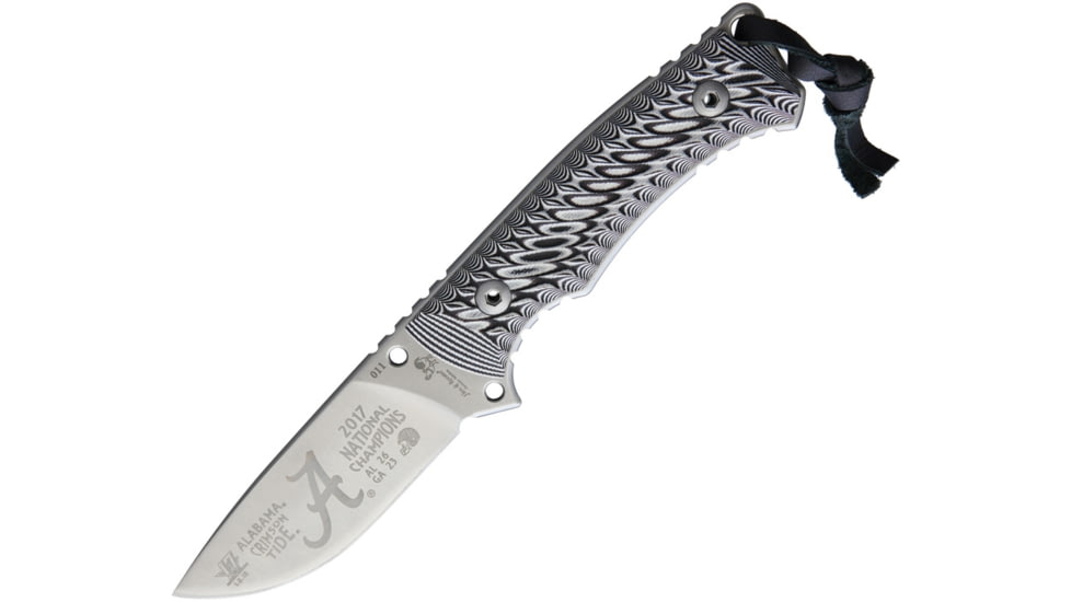 Hen &amp; Rooster Alabama 17 Champs Skinner Fixed Blade Knife, 9in Overall, 4in Satin SS Drop Point, Black/White Sculpted G10 Handle, Blade Etching, Black Leather Belt Sheath, Black /White, AL17-HR002