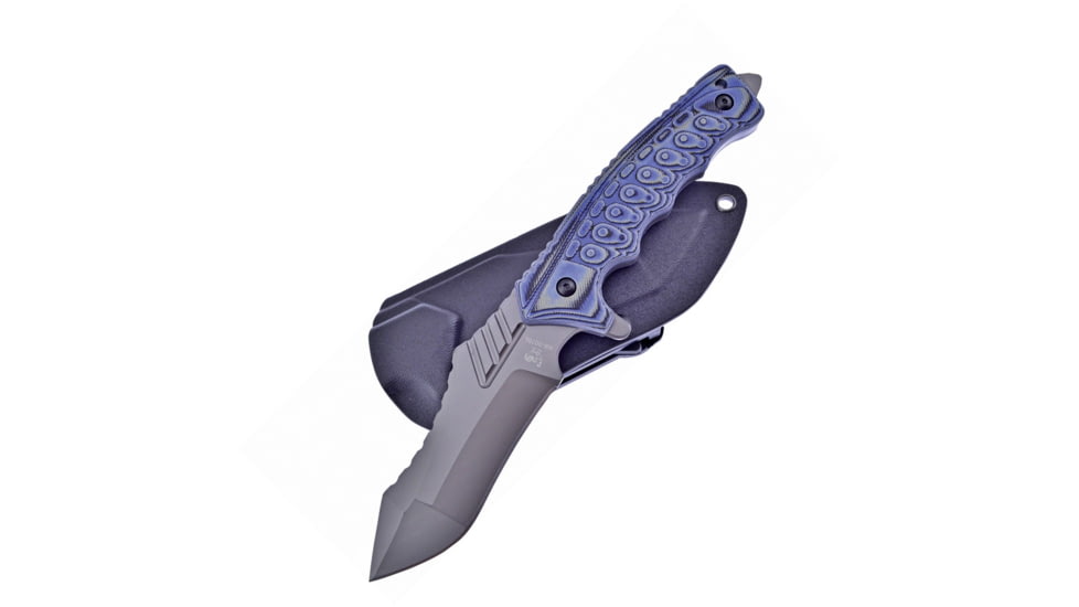 Hen &amp; Rooster Blue Knife, 10.25in Overall, 4.25in Gray Coated SS Blade, Black/Blue Textured G10 Handle, Glass Breaker, Black Nylon Sheath, HR-007BL