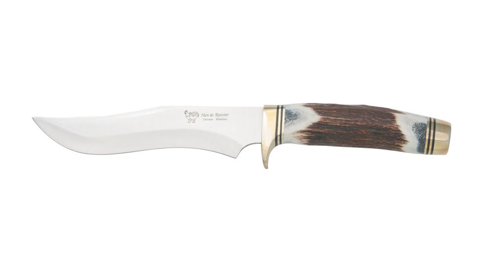 Hen &amp; Rooster Bowie Stag Fixed Blade Knife, 6in, Stainless Blade, Genuine Stag Handle HR4800