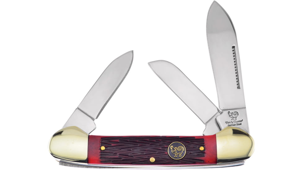 Hen &amp; Rooster Canoe 3 Blade Red Pick Bone Folding Knife, Mirror finish stainless spear, sheepsfoot, and pen, Red pick bone handle, 353L-RPB