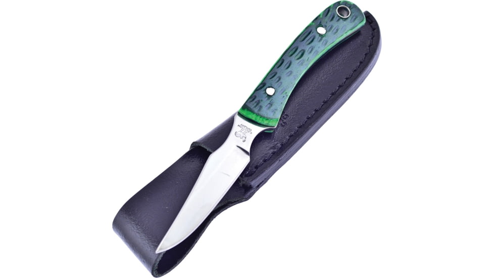 Hen &amp; Rooster Caper Antique Green Bone Knife, 6.5in Overall, 3in Satin SS Blade, Green Jigged Bone Handle, Black Leather Sheath, HR-5025AGB