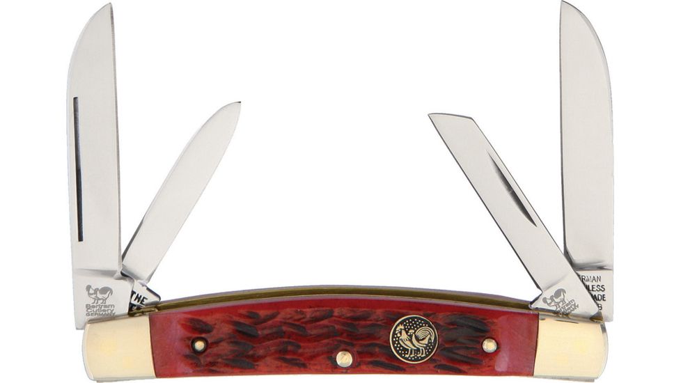 Hen &amp; Rooster Congress Red Pick Bone Folding Knife,Stainless Steel,Standard Edge,Pen,Sheepsfoot and Spear,Mirror Polish,Red,Bone Handle HR364RPB