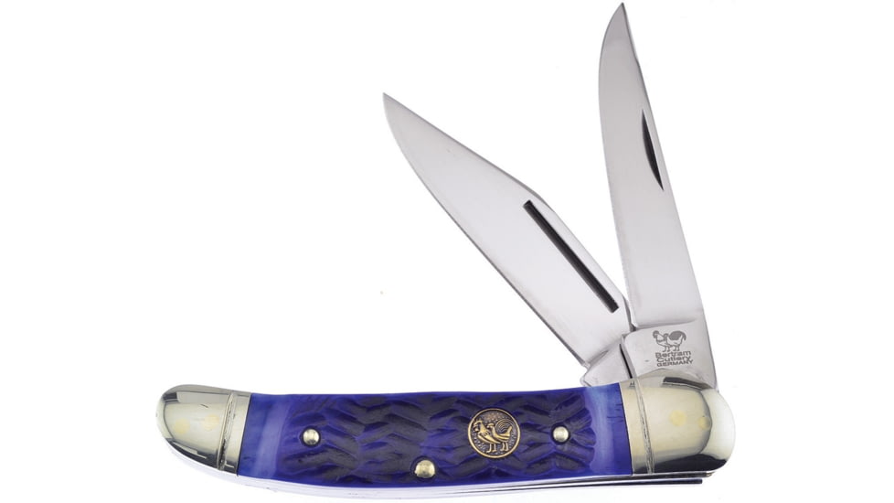 Hen &amp; Rooster Copperhead Blue Pick Bone Folding Knife, Mirror SS Clip And Skinner Blades, Blue Pick Bone Handle, Nickel Silver Bolster, Inlay Shield, Blue, 232-BLPB