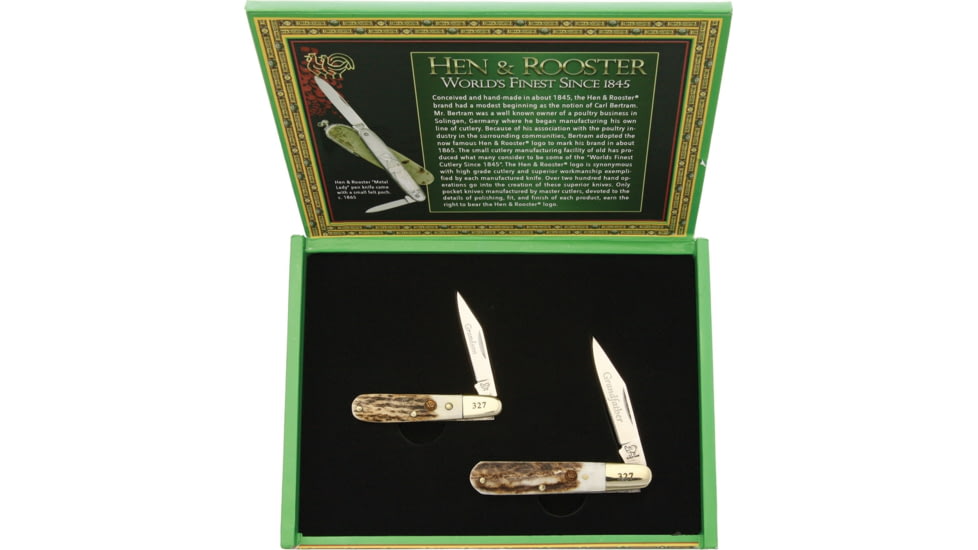Hen &amp; Rooster Grandfather Grandson Set Folding Knife, Mirror SS Clip Blade, Stag Bone Handle, 2.88in Closed Grandfather Barlow And 2.38in Closed Grandson Barlow, HR251GFGS