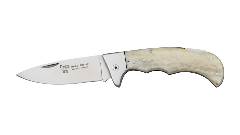 Hen &amp; Rooster Lockback Folding Knife, 3.75in, StainlessDrop Point, Polished Stag Handle HR5045PS