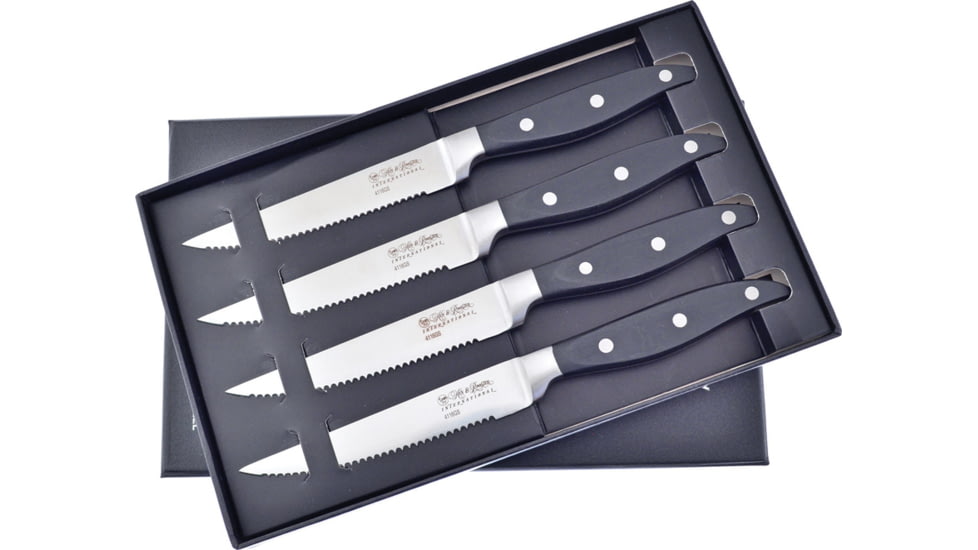 Hen &amp; Rooster Steak Knife Set 4pc, 4.75 satin finish serrated stainless blade, Black wood handle, HRI-103B