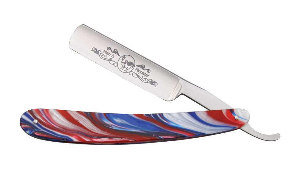 Hen &amp; Rooster Straight Razor Barber Shop Folding Knife, 4.125in, Razor Blade, Barbershop Pole Corelon Handle HR401BSP