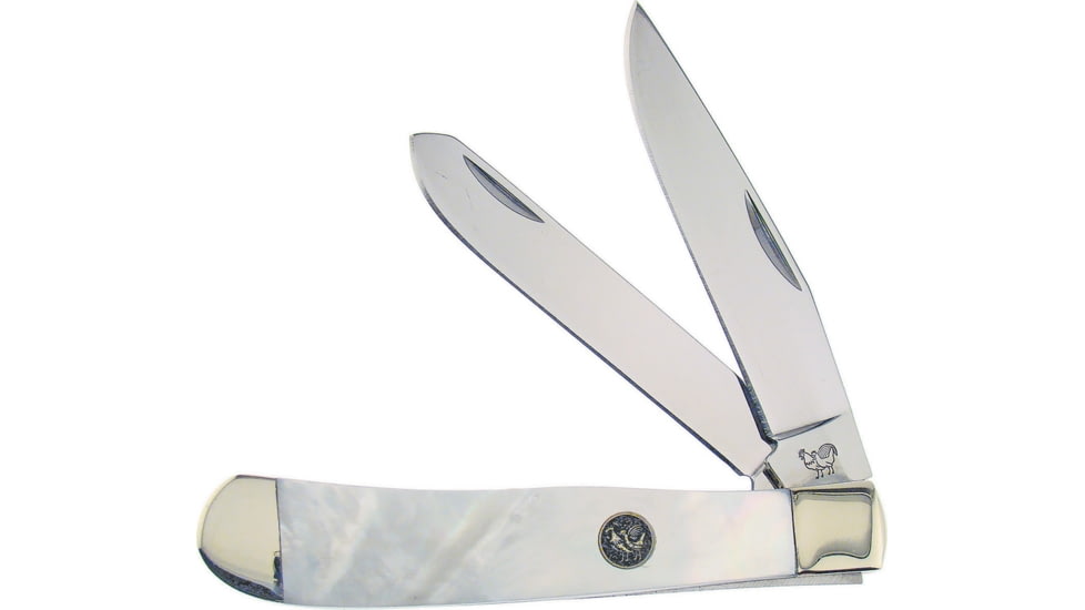Hen &amp; Rooster Trapper MOP Folding Knife, Mirror SS Clip/ Spey Blades, Mother Of Pearl Handle, Nickel Silver Bolster, Inlay Shield, 312-MOP