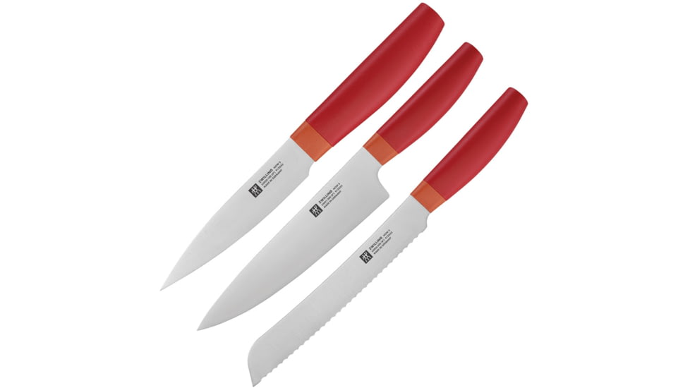 HENCKELS ZWILLING Now S 3-Piece Pre-Pack, 8in Serrated Bread Blade/ 8in Chef's Blade/ 4in Paring Blade, Orange Polypropylene Handle, 53020-900