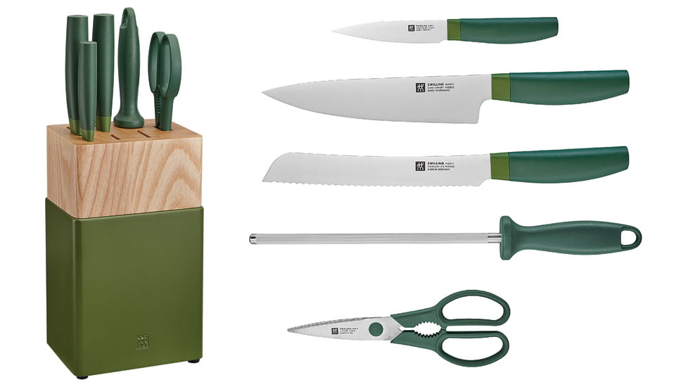 HENCKELS ZWILLING Now S 6-Piece Green Block Set, 8in Serrated Bread Blade/ 8in Chef's Blade/ 4in Paring Blade, Green Polypropylene Handle, 53070-110