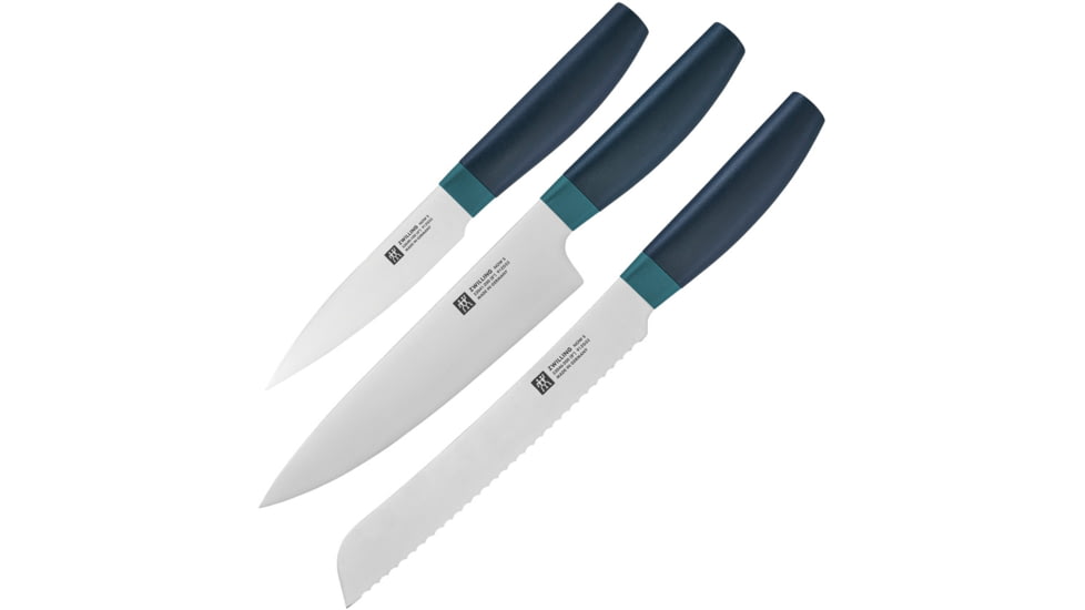 HENCKELS ZWILLING Three Piece Blue Set, 8in Serrated Bread Blade/ 8in Chef's Blade/ 4in Paring Blade, Blue Polypropylene Handle, 53020-902
