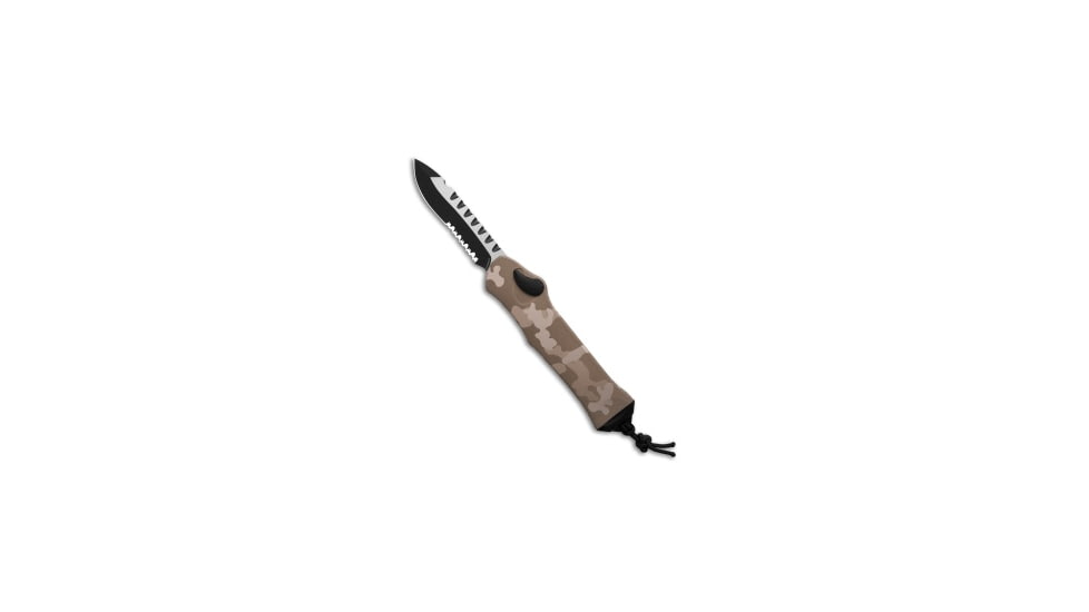 Heretic Knives Hydra Recurve Automatic Folding Knife, 3.60in, CPM MagnaCut, Drop Point Blade, Aluminum, Camo/Tan Handle, Camo/Tan/Black, 9.10 inch, BHQ-193509