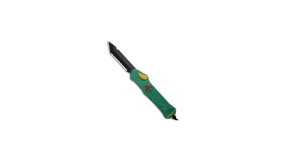 Heretic Knives Hydra Automatic Folding Knife, 3.55in, CPM MagnaCut, Tanto Blade, Aluminum, Green Handle, Serrated, Green/Black, 9.05 inch, BHQ-196440