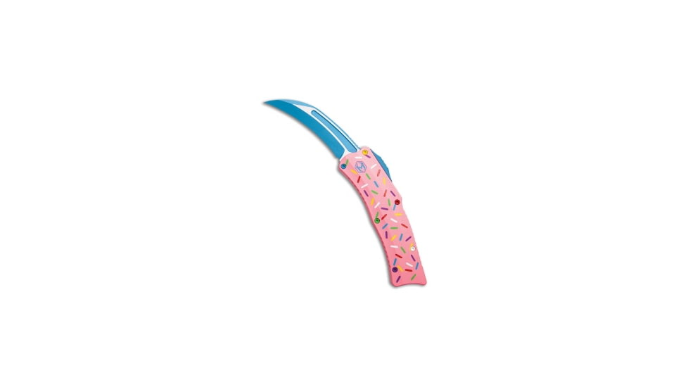 Heretic Knives ROC Dessert Warrior Automatic Folding Knife, 3.18in, CPM MagnaCut, Hawkbill Blade, Aluminum, Pink Handle, Pink/Blue, 7.75 inch, BHQ-216193