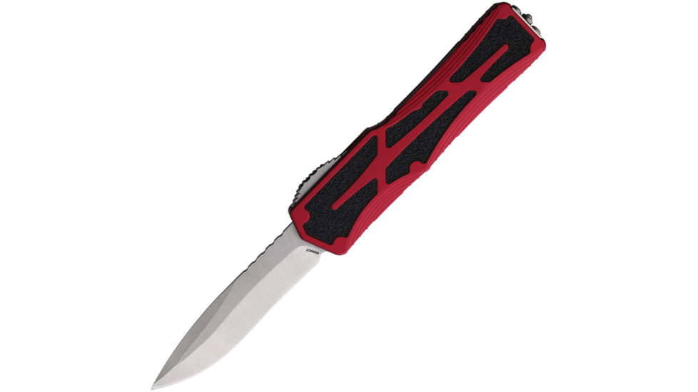 Heretic Knives Auto Colossus OTF Automatic Folding Knives, 3.5in, Stonewash Finish CPM MagnaCut Stainless Blade, Red Aluminum Handle, H0422ARED