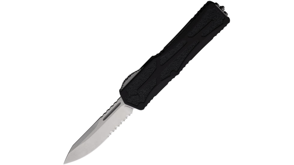 Heretic Knives Auto Colossus OTF Automatic Folding Knives, 3.5in, Stonewash Finish Partially Serrated CPM MagnaCut Stainless Blade, Black Aluminum Handle w/ Black Traction Insert, H0392B