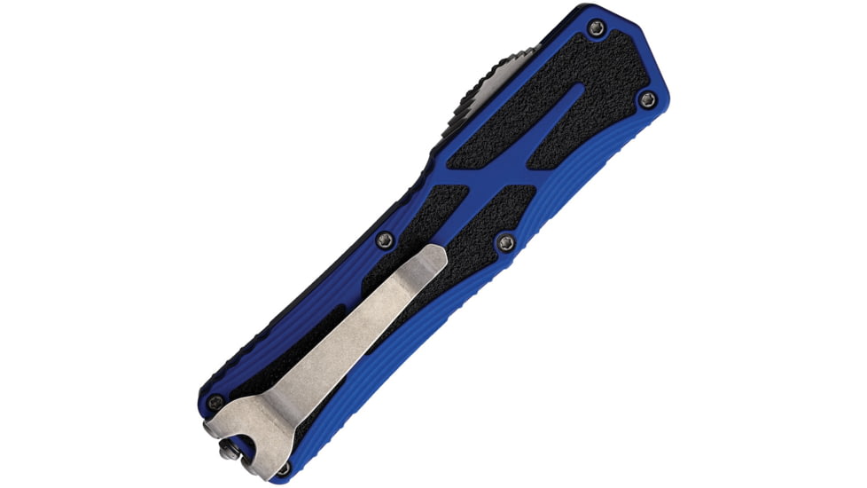 Heretic Knives Auto Colossus OTF Automatic Folding Knives, 3.5in, Stonewash Finish CPM MagnaCut Stainless Blade, Recurve Blade, Blue Aluminum Handle, H0422ABLU