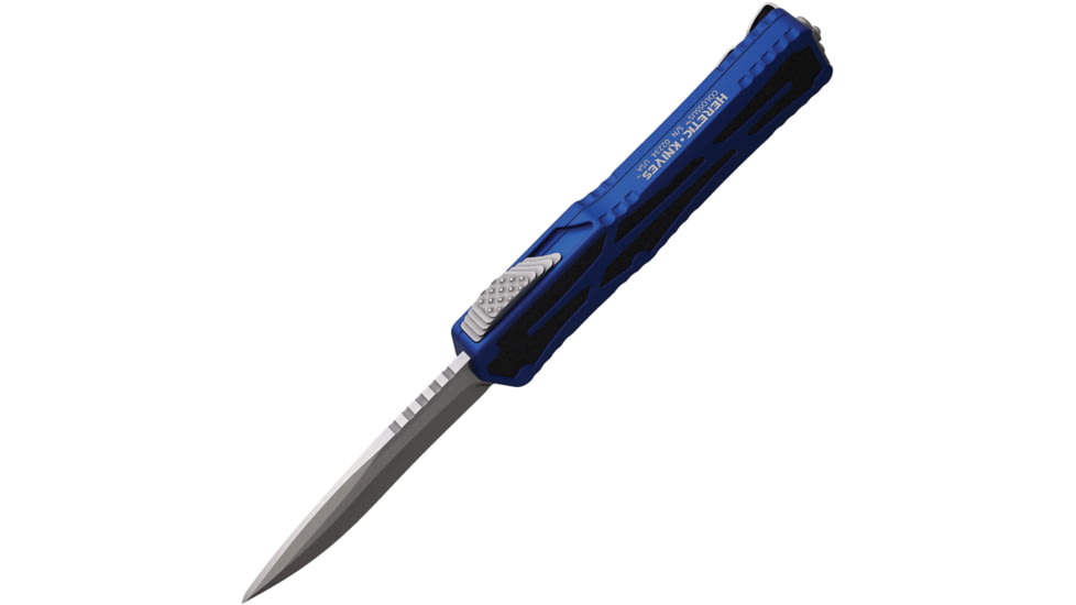 Heretic Knives Colossus OTF Automatic Folding Knife, 3.5in, Stonewash CPM MagnaCut Stainless Blade, Recurve Blade, Blue Aluminum Handle, H042-2A-BLU