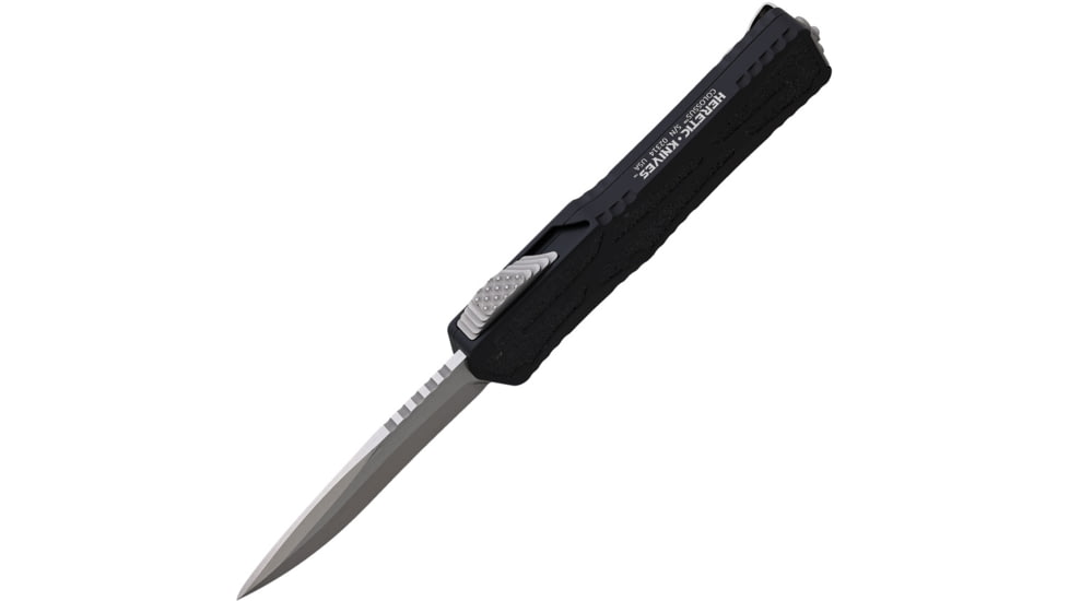 Heretic Knives Colossus OTF Automatic Folding Knife, 3.5in, Stonewash CPM MagnaCut Stainless Blade, Recurve Blade, Black Aluminum Handle, H042-2A