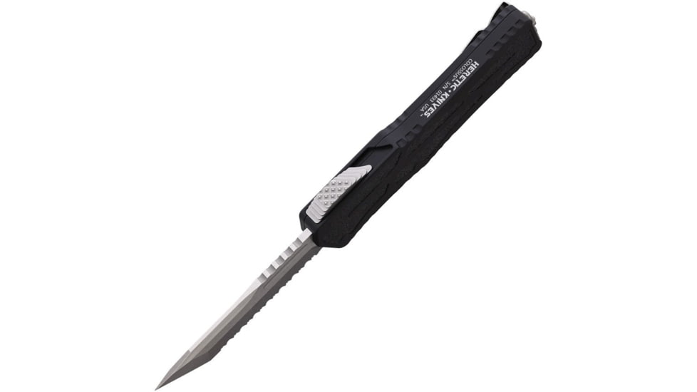 Heretic Knives Auto Colossus OTF Automatic Folding Knives, 3.5in, Stonewash Finish CPM MagnaCut Stainless Blade, Full Serrated Tanto, Black Aluminum Handle, H0402C