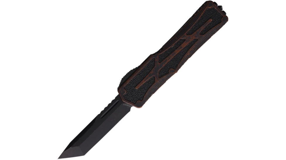 Heretic Knives Auto Colossus OTF Automatic Folding Knives, 3.5in, Black Stonewash Finish CPM MagnaCut Stainless Tanto Blade, Rootbeer Aluminum Handle, H0408ABRKRB