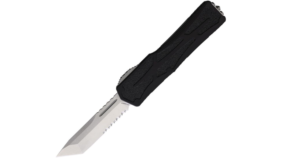 Heretic Knives Auto Colossus OTF Automatic Folding Knives, 3.5in, Satin Finish Partially Serrated CPM MagnaCut Stainless Tanto Blade, Black Aluminum Handle, H0402B
