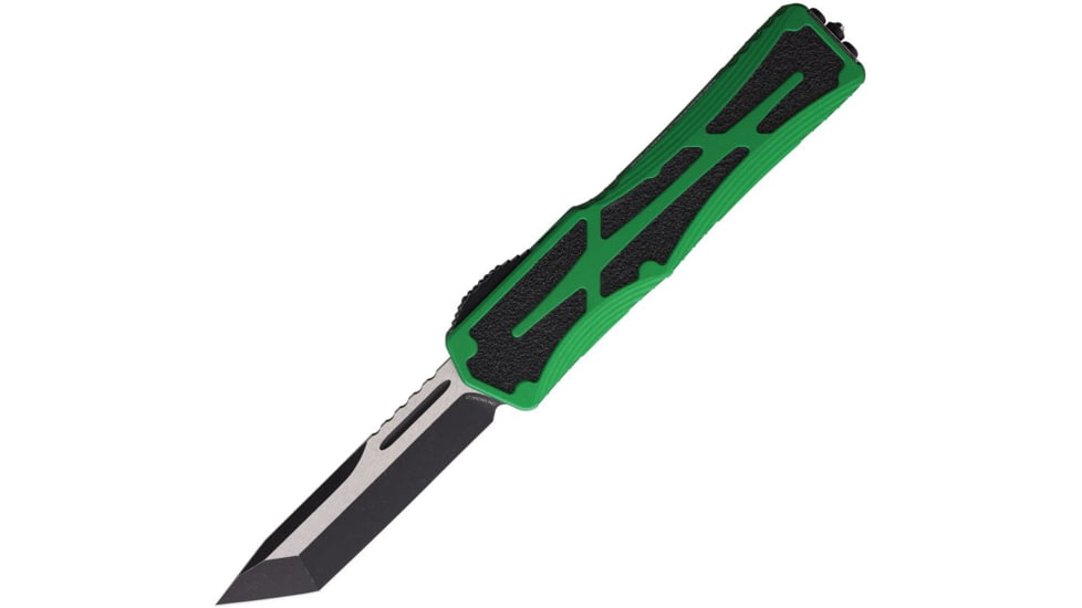 Heretic Knives Auto Colossus OTF Automatic Folding Knives, 3.5in, Black Stonewash/Satin Finish CPM MagnaCut Stainless Tanto Blade, Green Aluminum Handle, H04014ABRKGRN