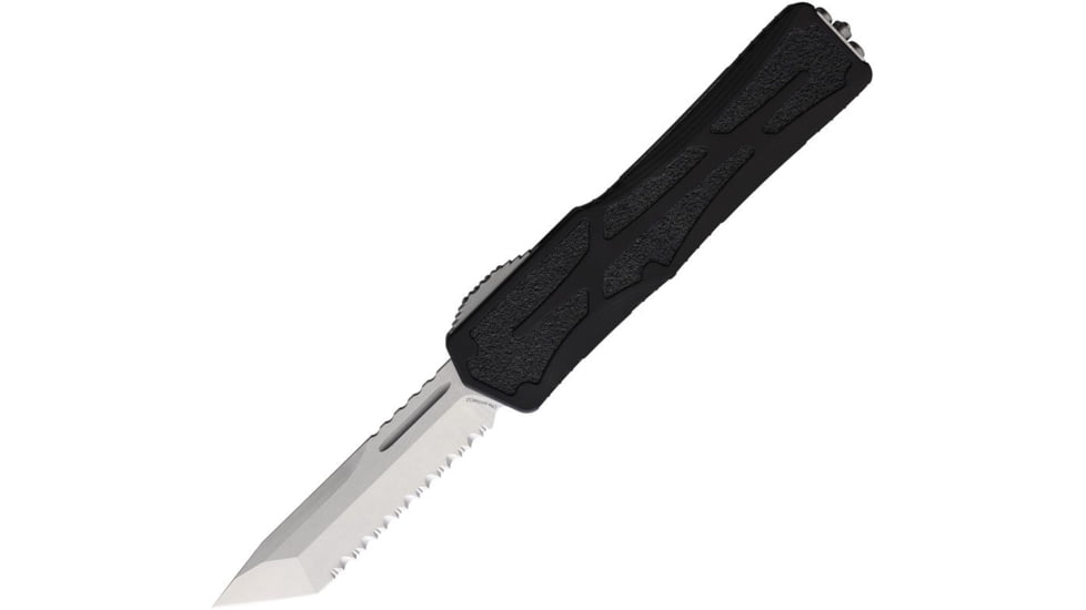 Heretic Knives Auto Colossus OTF Automatic Folding Knives, 3.5in, Stonewash Finish CPM MagnaCut Stainless Blade, Full Serrated Tanto, Black Aluminum Handle, H0402C