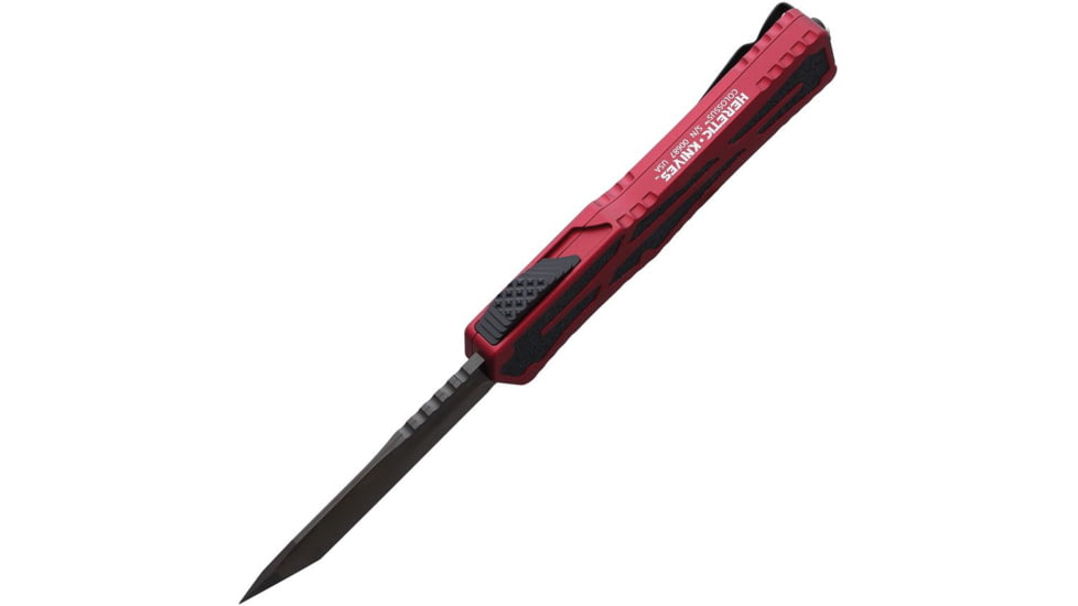 Heretic Knives Auto Colossus OTF Automatic Folding Knives, 3.5in, Black Stonewash Finish CPM MagnaCut Stainless Tanto Blade, Red Aluminum Handle, H0406ARED