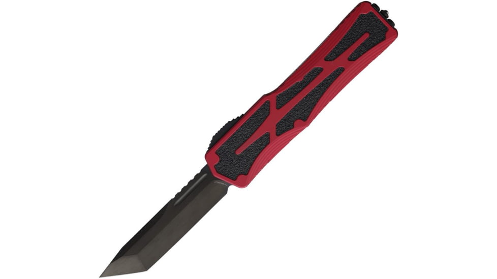 Heretic Knives Auto Colossus OTF Automatic Folding Knives, 3.5in, Black Stonewash Finish CPM MagnaCut Stainless Tanto Blade, Red Aluminum Handle, H0406ARED