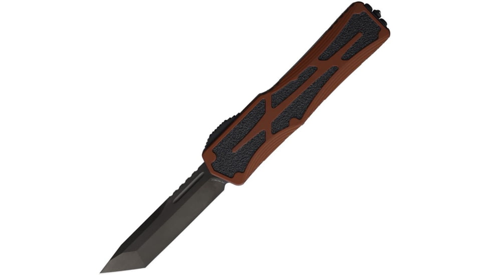 Heretic Knives Auto Colossus OTF Automatic Folding Knives, 3.5in, Black Stonewash Finish CPM MagnaCut Stainless Tanto Blade, Rootbeer Aluminum Handle, H0406ARB
