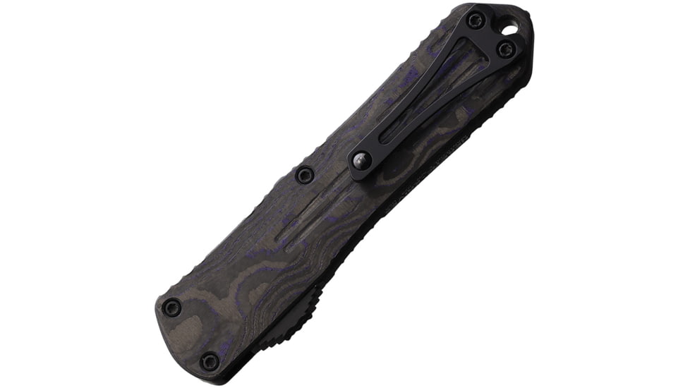 Heretic Knives Auto Manticore E OTF Automatic Folding Knives, 3in, Black DLC Coated Elmax Steel Bowie Blade, Black/ Purple Camo Carbon Fiber Back Handle, H026B6APUCF