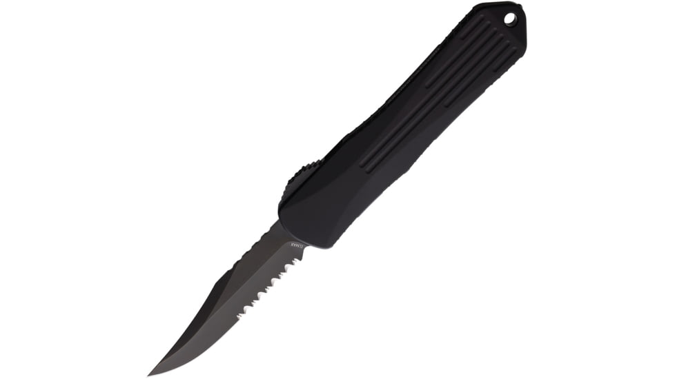 Heretic Knives Auto Manticore E OTF Automatic Folding Knives, 3in, Black DLC Coated Partially Serrated Elmax Steel Bowie Blade, Black Anodized Aluminum Handle, H026B6BPUCF