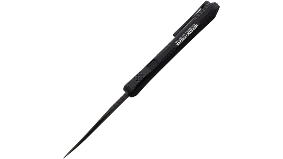 Heretic Knives Auto Manticore X OTF Automatic Folding Knives, 3.75in, Black DLC Coated Elmax Steel Bowie Blade, Black Anodized Aluminum Handle, H030B6APUCF