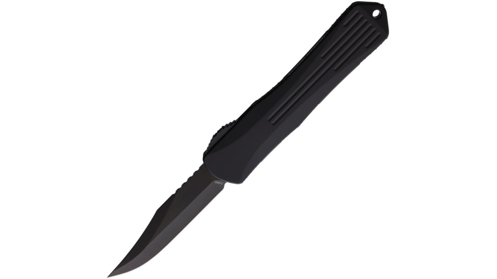 Heretic Knives Auto Manticore X OTF Automatic Folding Knives, 3.75in, Black DLC Coated Elmax Steel Bowie Blade, Black Anodized Aluminum Handle, H030B6APUCF