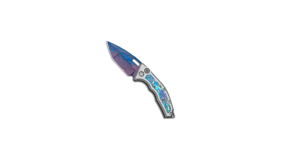 Heretic Knives Heretic Knives Custom Medusa Automatic Knife Ti/Abalone 3" Blue Damascus, Blue, Damascus, adult, BHQ-101419
