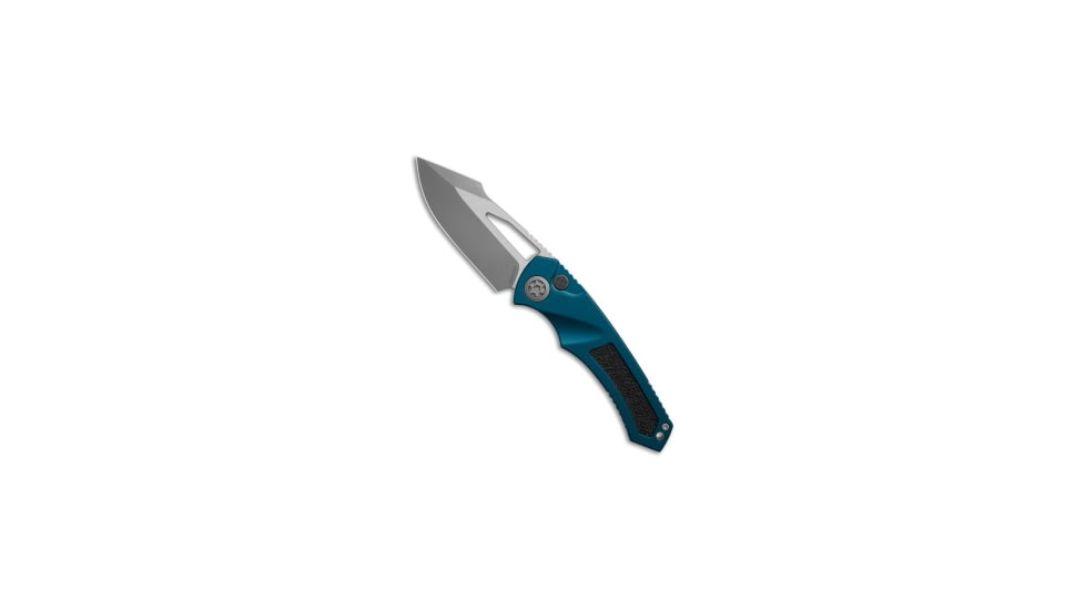 Heretic Knives Heretic Knives Pariah Manual Button Lock Knife Blue Aluminum 3.8" Battleworn, Blue, CPM MagnaCut, adult, BHQ-209288