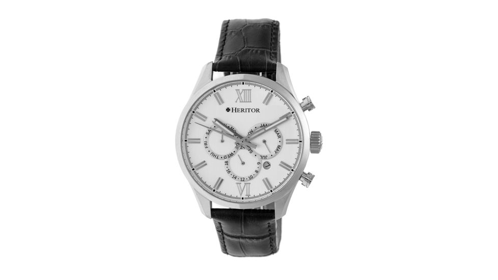 Heritor Automatic Benedict Leather-Band Watch with Day/Date, Silver/Black HERHR6801