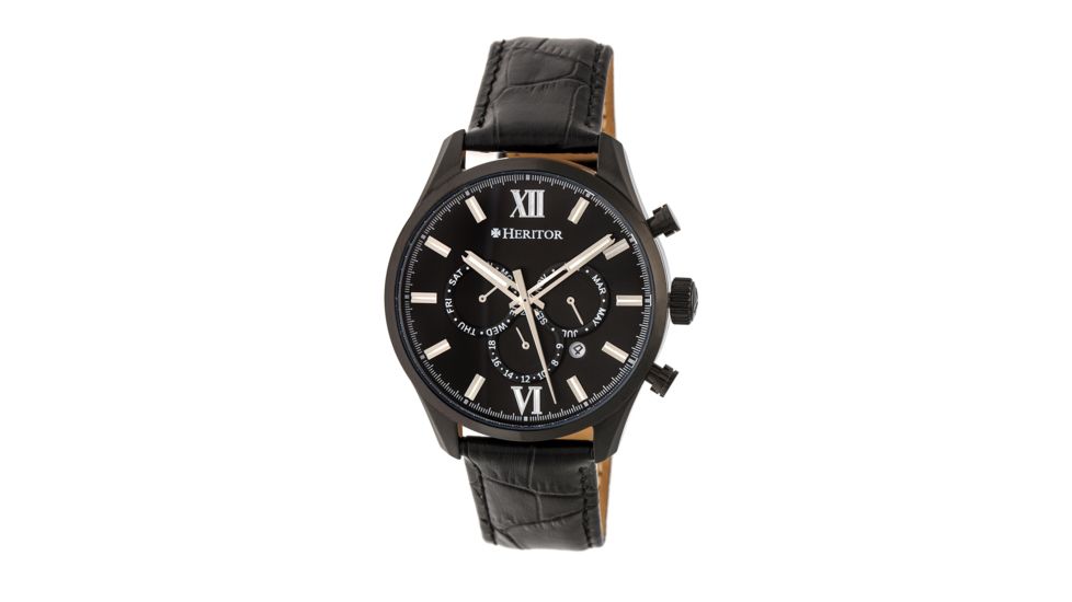 Heritor Automatic Benedict Leather-Band Watch with Day/Date, Black/Black HERHR6805