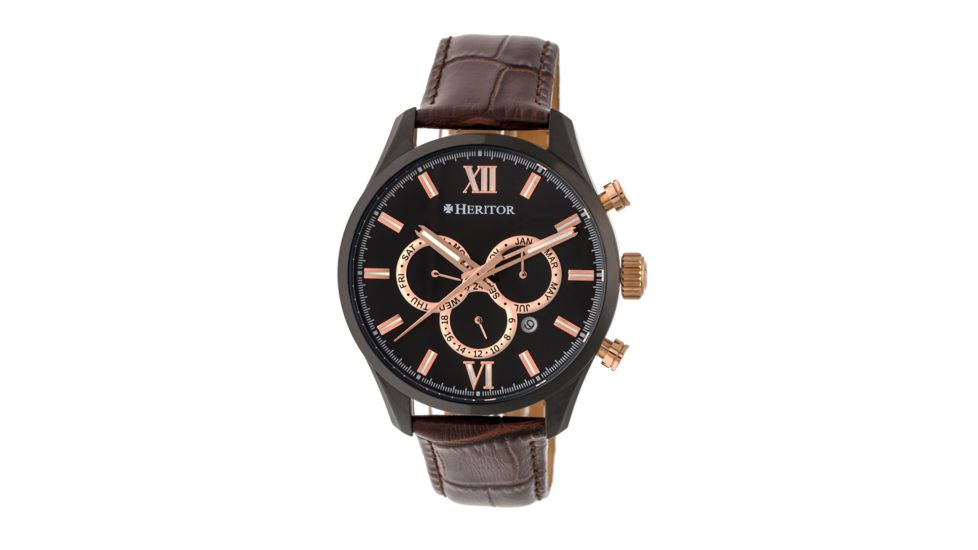 Heritor Automatic Benedict Leather-Band Watch with Day/Date, Black/Dark Brown HERHR6806