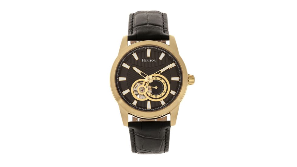 Heritor Automatic Davidson Semi-Skeleton Leather-Band Watch, Gold/Black, One Size, HERHR8005