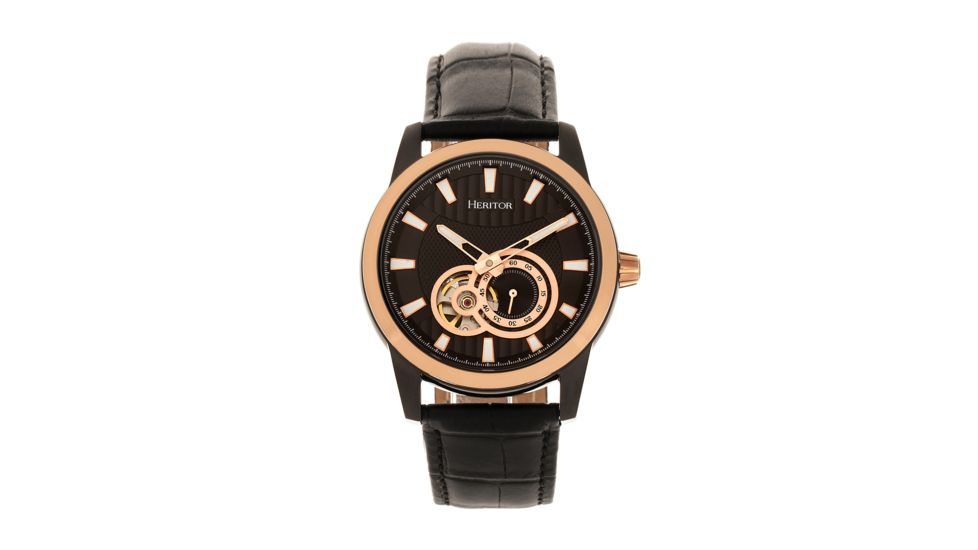 Heritor Automatic Davidson Semi-Skeleton Leather-Band Watch, Rose Gold/Black, One Size, HERHR8006