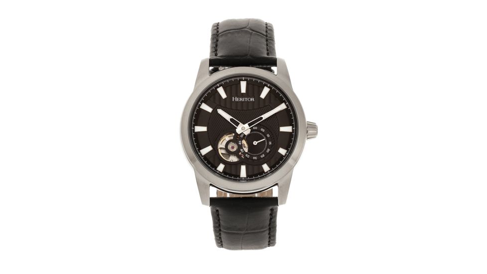 Heritor Automatic Davidson Semi-Skeleton Leather-Band Watch, Silver/Black, One Size, HERHR8002