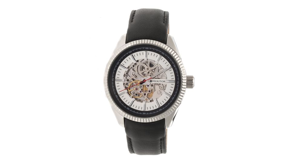 Heritor Automatic Desmond Skeleton Dial Leather-Band Watch, Silver/Black HERHR6601