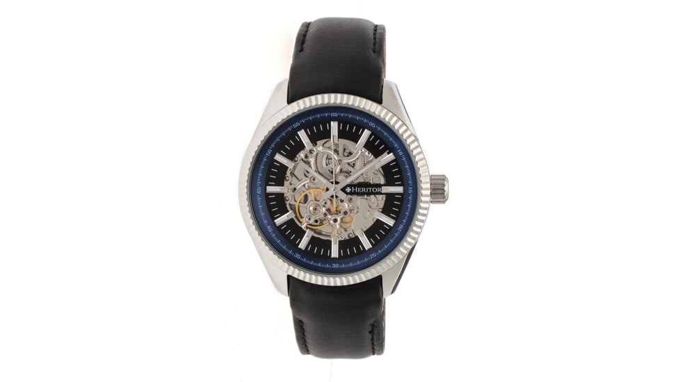 Heritor Automatic Desmond Skeleton Dial Leather-Band Watch, Black/Black HERHR6602