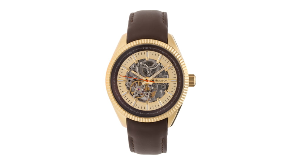 Heritor Automatic Desmond Skeleton Dial Leather-Band Watch, Gold/Brown HERHR6603
